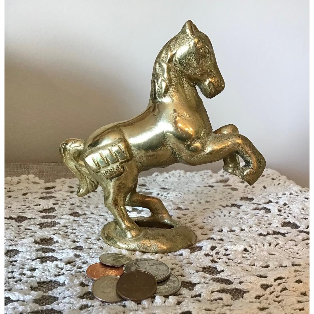 Vintage Solid Brass Rearing Horse Coin Bank Equestrian Figurine Still Life Bank